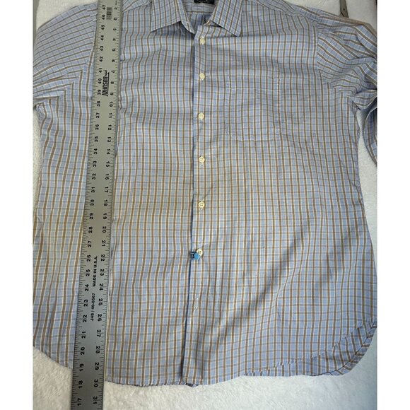 Gitman Bros Mens Blue & Tan Plaid Long Sleeve Button-Up Cotton Shirt XL USA Made - Picture 7 of 8
